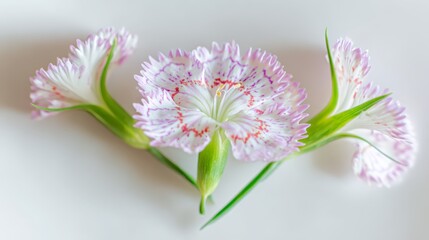 Fototapeta premium Macro view of quaker ladies flowers showcasing delicate pink fringed petals against a clean white background in soft lighting, emphasizing a minimalist floral style