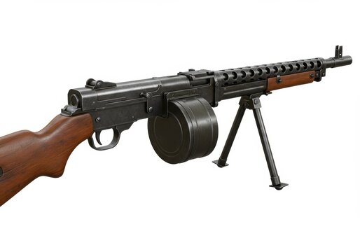 Vintage Type 99 light machine gun with bipod against a white backdrop