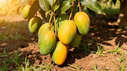 Ripe mangoes hang from branches of a tree in a sun-drenched orchard, showcasing a vibrant display of tropical produce.