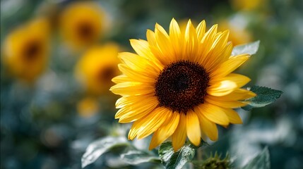Obraz premium A vibrant sunflower with bright yellow petals and a dark center is captured in a close up view set against a softly blurred garden background
