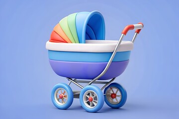 A colorful baby stroller with a rainbow hood, perfect for a modern nursery or baby shower invitation design