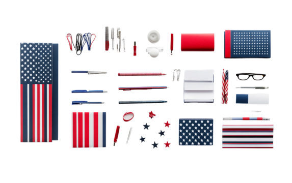 Flat lay of office supplies with patriotic branding symbolizing workplace organization, national pride, and professional productivity isolated on transparent background PNG