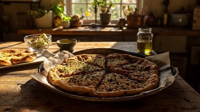 Aromatic za'atar spice blend in a wooden bowl with olive oil dip and flatbread against a Middle Eastern market background