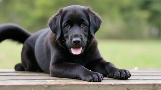 Small Black Dog Resting on Wooden Bench in Natural Setting