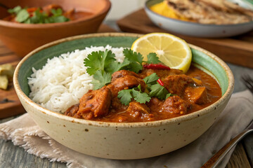 Fototapeta premium thai massaman curry on plate with jasmine rice and lime wedge