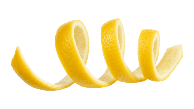 Lemon peel twist garnish isolated on transparent background