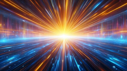 Obraz premium Vibrant abstract digital light streaks and glowing particles converge towards a bright central sunburst creating a sense of speed and futuristic energy