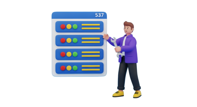 3D Man with Wrench and Server Rack