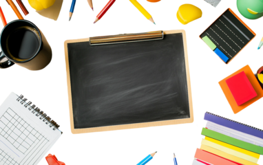 Decorative flat arrangement of teacher essentials highlighting workflow, planning, and academic lifestyle with a touch of comfort isolated on transparent background PNG