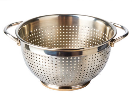 Polished Metal Colander with Handles on White Background strainer kitchenware isolated on a transparent background