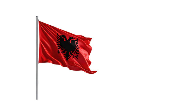 A waving albanian flag against a black backdrop, displaying rich red and black colors with intricate details.