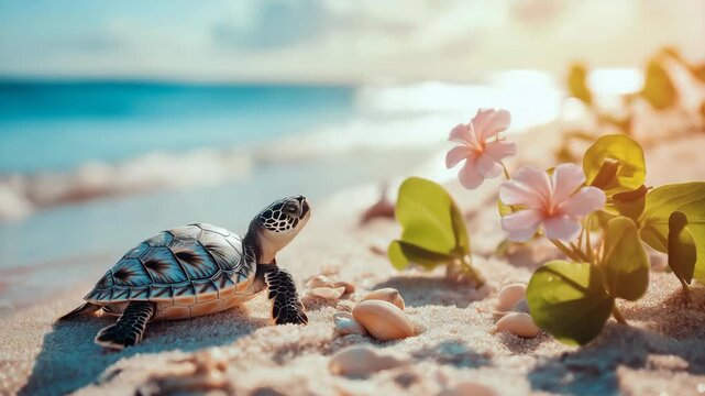 cute tiny sea turtle crawling on sandy beach with whimsical dreamy flowers vibes with sunset lights