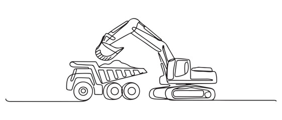 Continuous one line drawing an excavator is loading material using a heavy dump truck in mining. one line Icon drawing with white background © MofajjolHossen