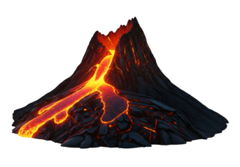 A dramatic volcano erupts with incandescent lava flowing down its slopes against a stark black backdrop.