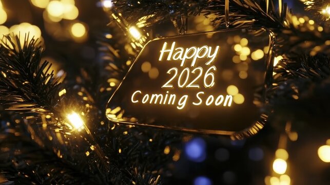 Happy 2026 coming soon text on christmas tree with bokeh lights