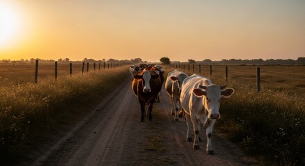 Cattle herd walking on rural dirt road at golden sunset. Nostalgic countryside scene with cows returning home. Pastoral landscape with fence and fields. Farm life concept