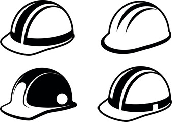 Construction Worker Safety Helmets in Black and White Vector Illustration