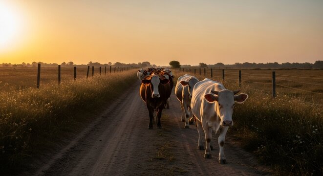 Cattle herd walking on rural dirt road at golden sunset. Nostalgic countryside scene with cows returning home. Pastoral landscape with fence and fields. Farm life concept