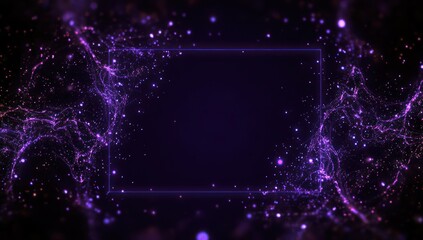 Obraz premium A dynamic, glowing, purple abstract background features swirling particles forming a frame around a dark center space.