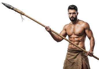 Strong warrior with spear strikes heroic pose against a pristine white backdrop