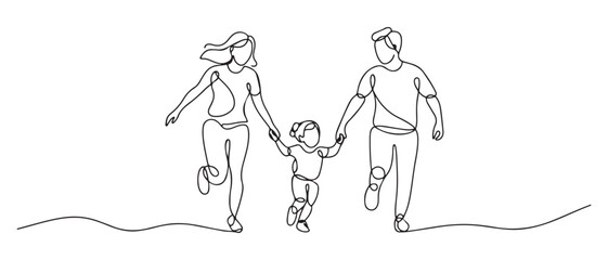 One continuous line drawing small family running while holding her child. Happy family concept. one line Icon drawing with white background