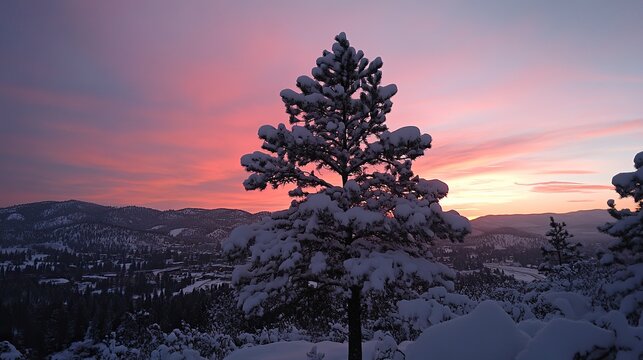 Snow-covered pine tree silhouetted against a vibrant winter sunset, peaceful landscape - Powered by Adobe