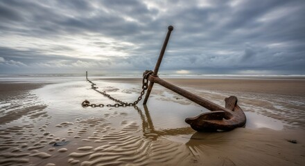 Rusty anchor on deserted beach at low tide. Melancholic seascape with stormy sky. Nostalgic 80s-90s vhs style image of abandoned maritime equipment. Concept of loneliness and passage of time.