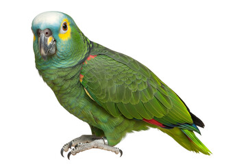 Obraz premium Vibrant green parrot with striking blue and yellow accents is showcased against a black backdrop.