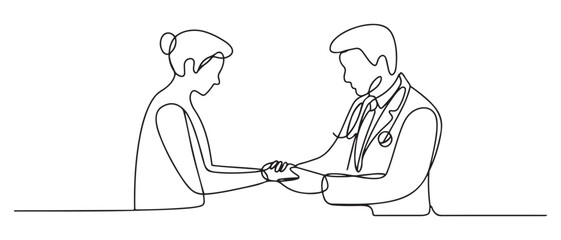 Single one line drawing The doctor holds a patient's hand to reassure the medical examination process. one line Icon drawing with white background