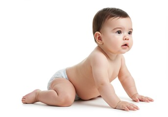 Adorable Baby Crawling Towards Something on a White Background in a Studio Shot