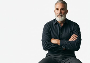 Portrait of a confident mature man sitting with arms crossed against white backdrop