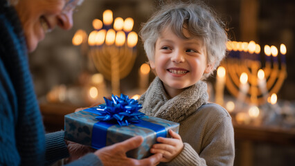 Hanukkah Celebration with Family – Child Receiving Gift During Jewish Festival of Lights