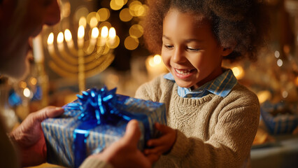 Hanukkah Celebration with Family – Child Receiving Gift During Jewish Festival of Lights