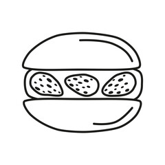 Cute hand drawn outline strawberry macaroon with berries isolated on white background. Strawberry dessert.