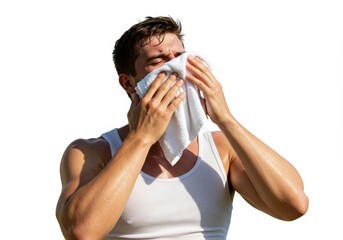 Man wiping sweat after fitness training under the sun with a white towel