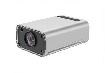 Sleek silver projector device with clear lens on a clean white backdrop