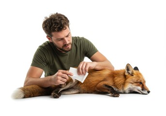Dedicated man tending to injured fox with care on a clean white backdrop