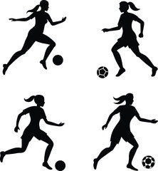 Female Soccer Player Black Silhouette in Action Sport Pose Vector illustration