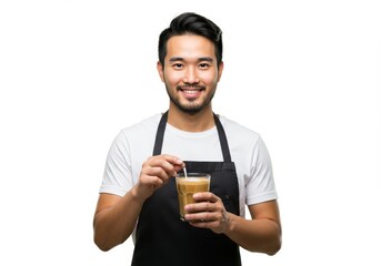Smiling asian barista stirring coffee isolated on white background studio shoot