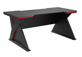 Sleek black gaming desk with modern, angular design and red accent lighting