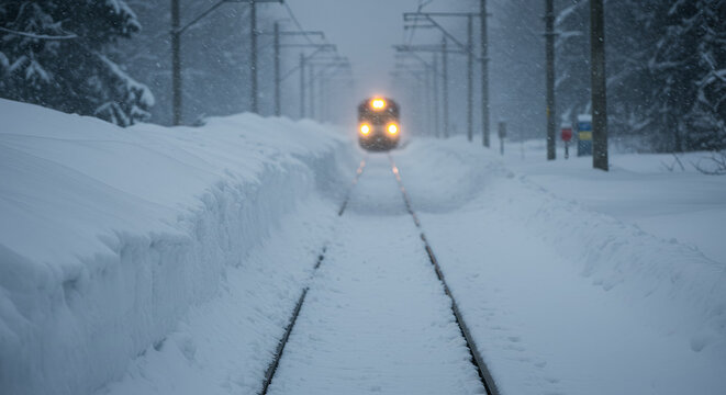 Train traveling through snowy landscape on winter evening  
