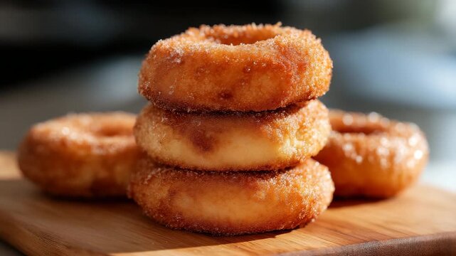 Stack of sugary cinnamon doughnuts on wooden surface in soft focus