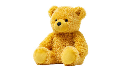 A yellow teddy bear is sitting on a white background