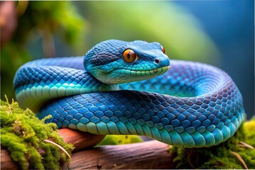 Fototapeta premium A blue viper is coiled on a branch in the forest
