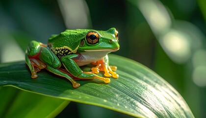 Fototapeta premium A vibrant green tree frog sits on a large, lush leaf in a close-up shot, details captured. Orange feet and eyes create contrast