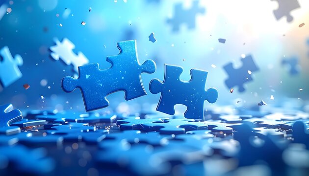 A vibrant, abstract composition with multiple blue puzzle pieces, some floating, and a blurred background creating depth