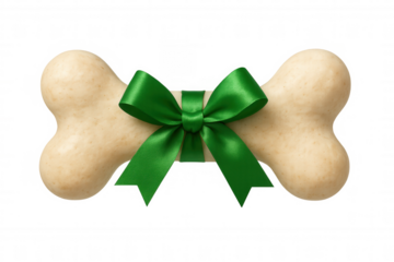 Dog biscuit bone wrapped with a green ribbon, symbolizing a pet treat, gift, or celebration, transparent background