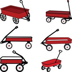 Red Toy Wagons set illustration, Red garden wagon isolated on white background