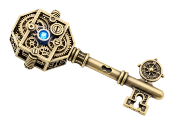 A detailed, intricate brass key, showcasing a complex mechanism of gears and a luminous blue gem, sits against a stark black background.
