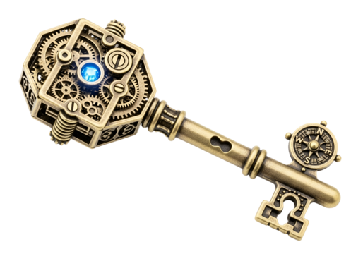 A detailed, intricate brass key, showcasing a complex mechanism of gears and a luminous blue gem, sits against a stark black background.